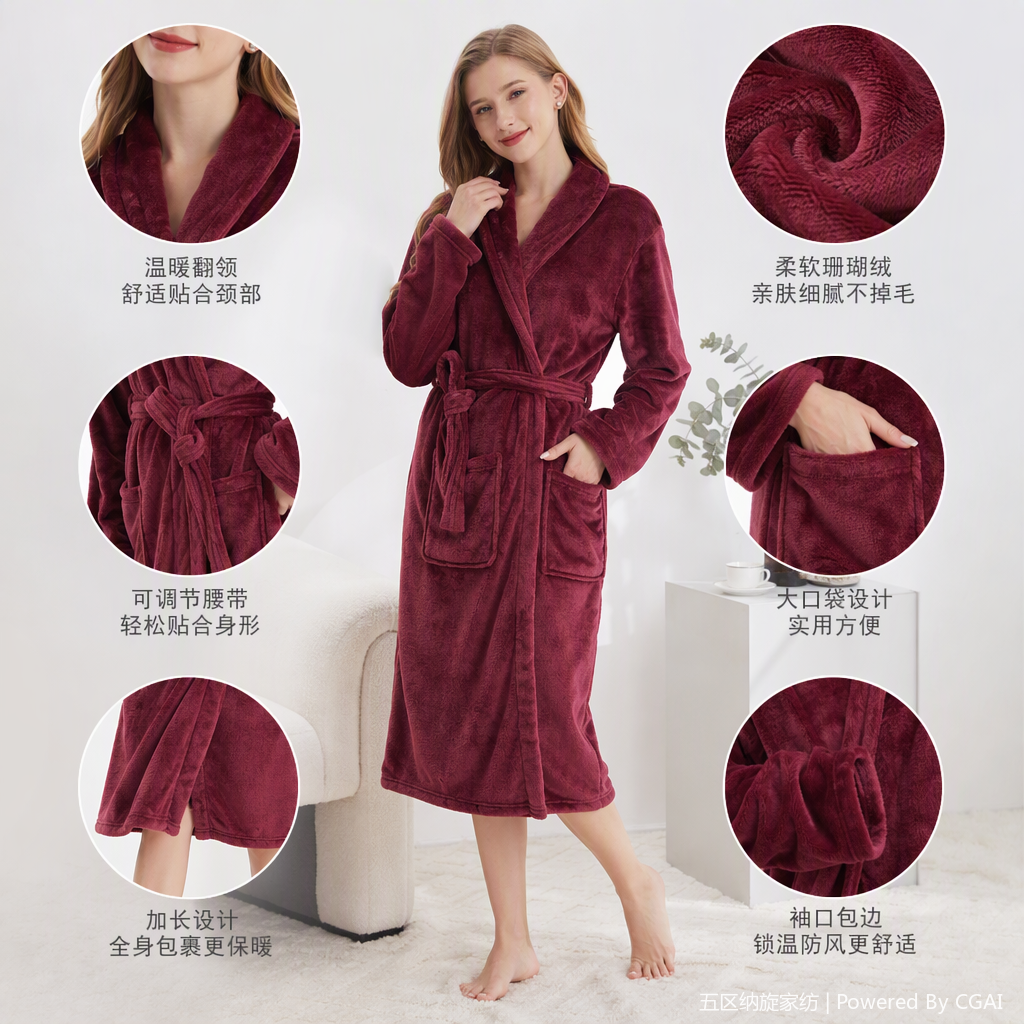 Five female models showcased multi-color suede bathrobes, hotel supplies and moxibustion suits, providing a comfortable experience. Best-selling styles are sold directly by the manufacturer