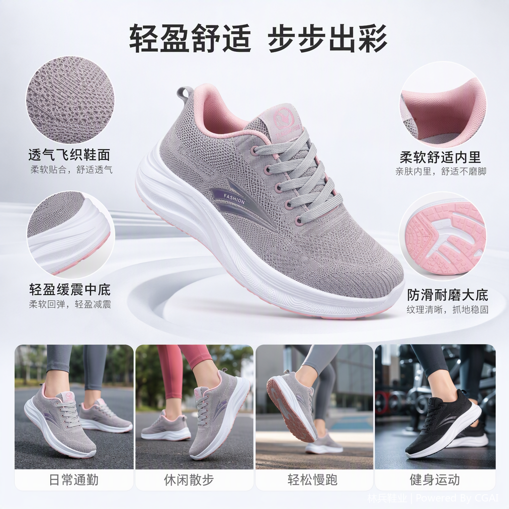 The new high-elasticity and breathable Feizhi women's shoes, four-color sports and casual shoes, lightweight and comfortable running shoes, trendy and versatile