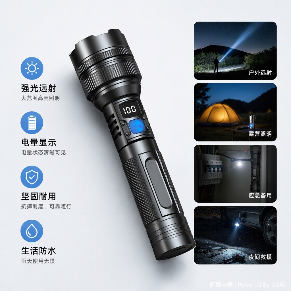 Multi-functional handheld flashlight, portable high-intensity flashlight, outdoor emergency light, essential for home camping