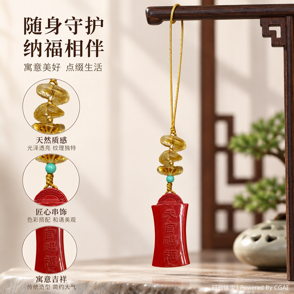 朱砂天官赐福挂饰吉祥装饰中国风新年礼品挂件手工挂饰手机链包包挂男女同款手机挂件钥匙扣
