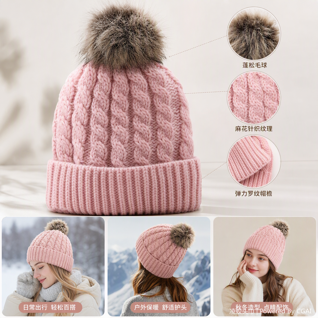 Pink knitted woolen cap for warmth, a versatile, fashionable, soft and comfortable hat for women in winter