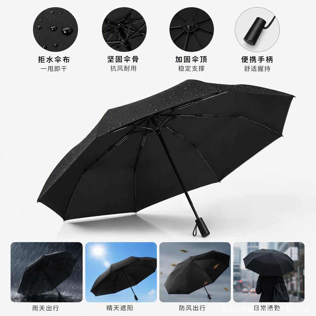 This multi-functional windproof, sunshade and rainproof portable umbrella is lightweight and can withstand wind, rain and other weather conditions. It is suitable for both men and women Specification image