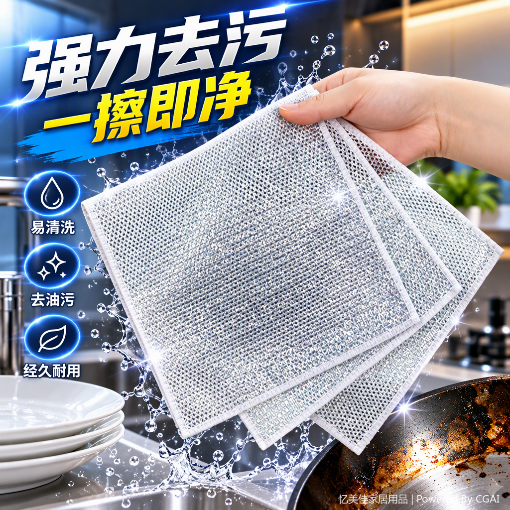 This multi-functional household cleaning cloth, scouring pad, dish towel and kitchen cleaning supplies set is durable and easy to wash hands with Item Picture