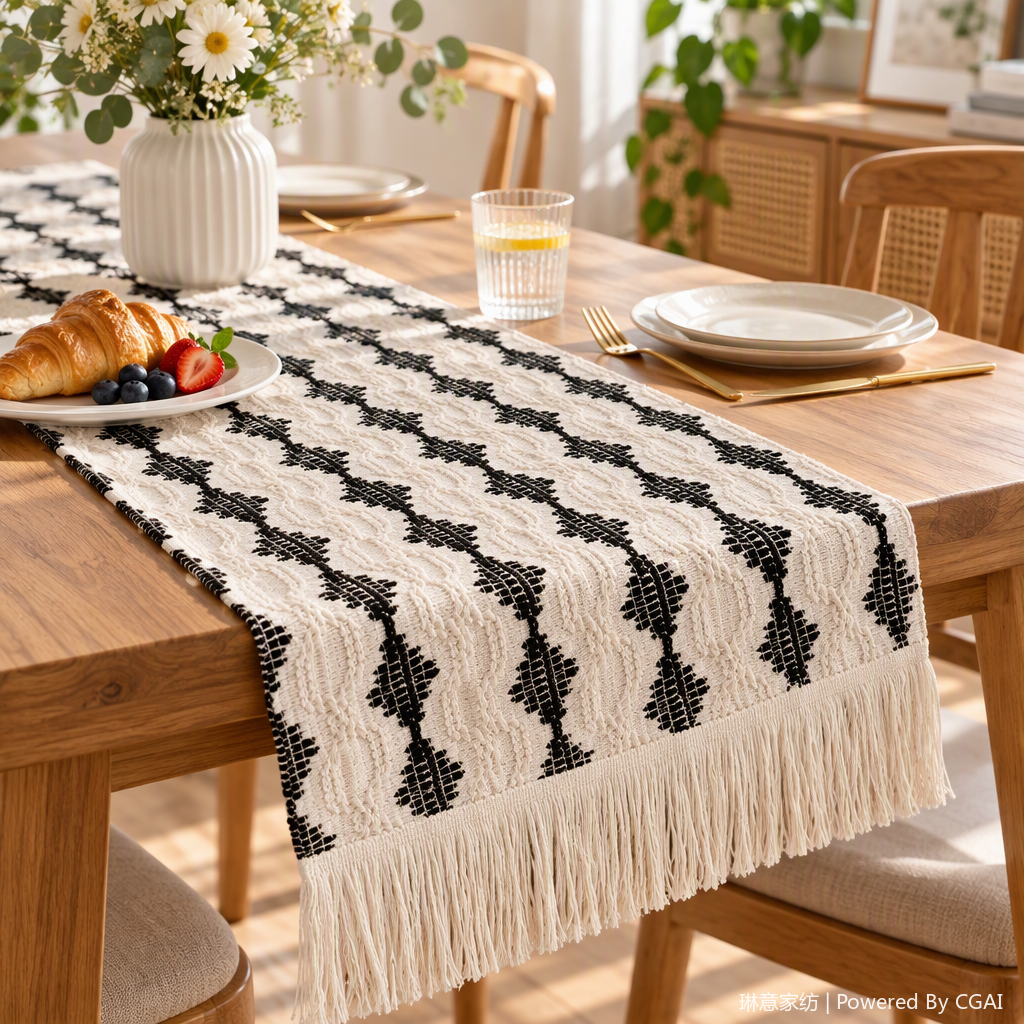 Blanco y negro geométrico tassel bandera de té bandera de tela silla de parque decoración de navidad tassel tapetes de mesa bandera de mesa venta directa de fábrica details Picture
