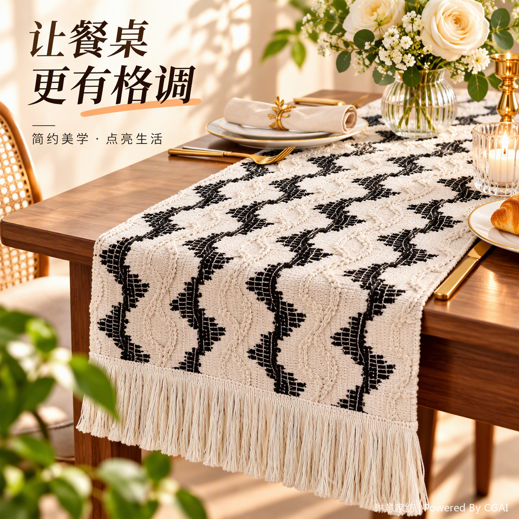 Blanco y negro geométrico tassel bandera de té bandera de tela silla de parque decoración de navidad tassel tapetes de mesa bandera de mesa venta directa de fábrica Specification image