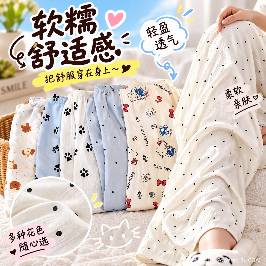 Ladies' silk nightgown autumn and winter cartoon pattern four-piece pajama pants bathrobe safety skirt Pajama set factory direct sales Specification image
