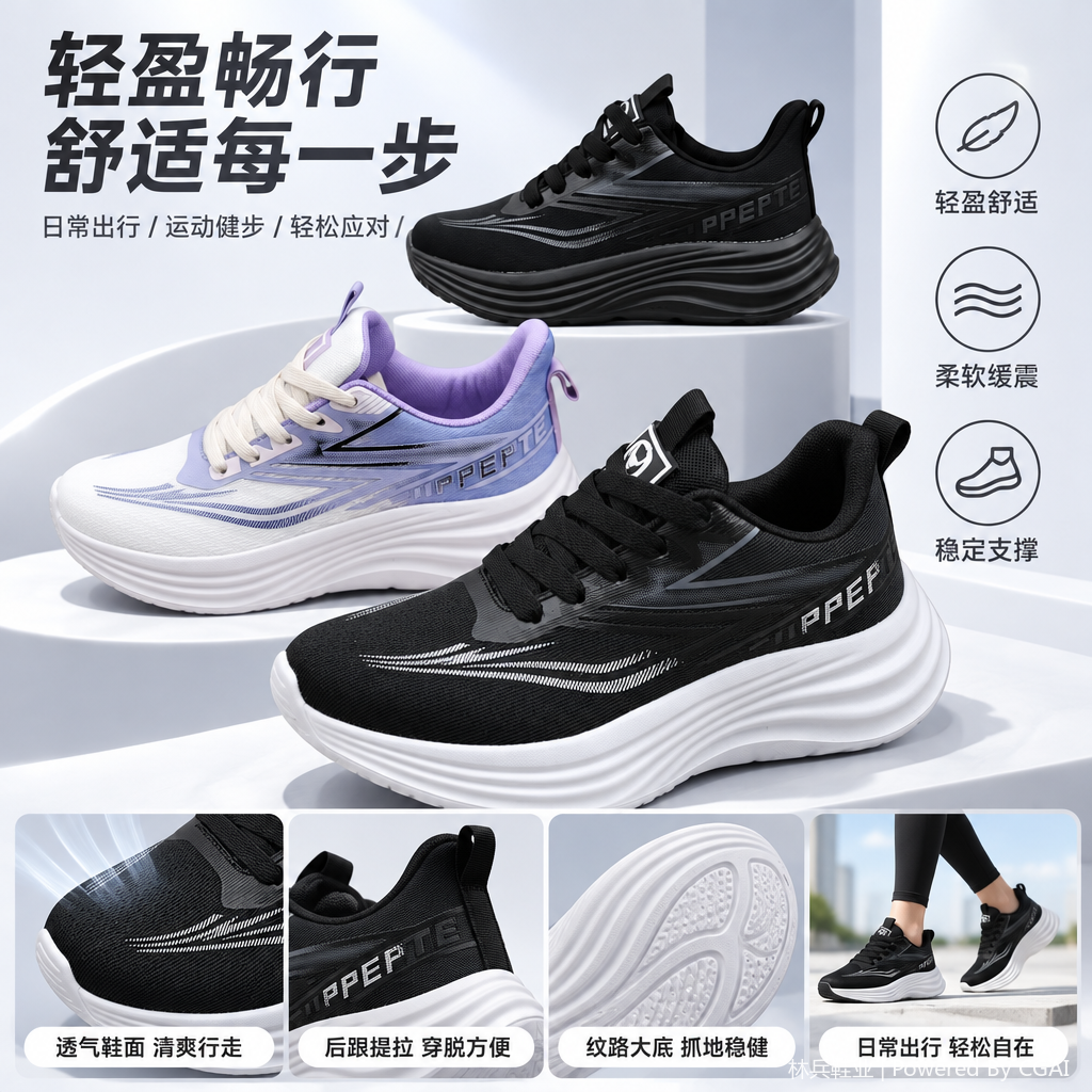 NIU NIU SHOES Black, white and purple color sports running shoes are lightweight, breathable and durable. Men's and women's casual running shoes