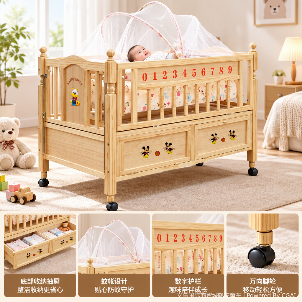 Solid wood baby bed, children's furniture, home decoration building materials, safe, environmentally friendly, multi-functional baby bed, detachable and washable bedding Specification image
