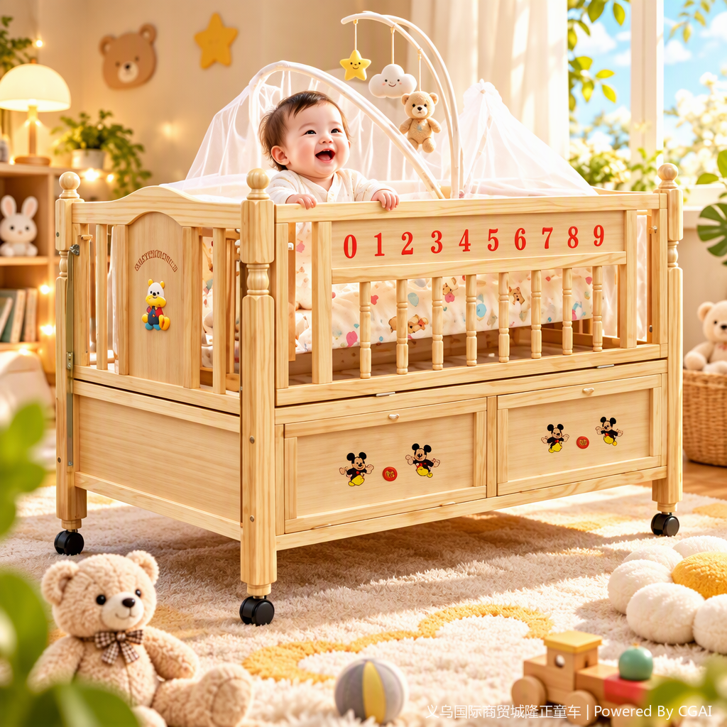 Solid wood baby bed, children's furniture, home decoration building materials, safe, environmentally friendly, multi-functional baby bed, detachable and washable bedding details Picture