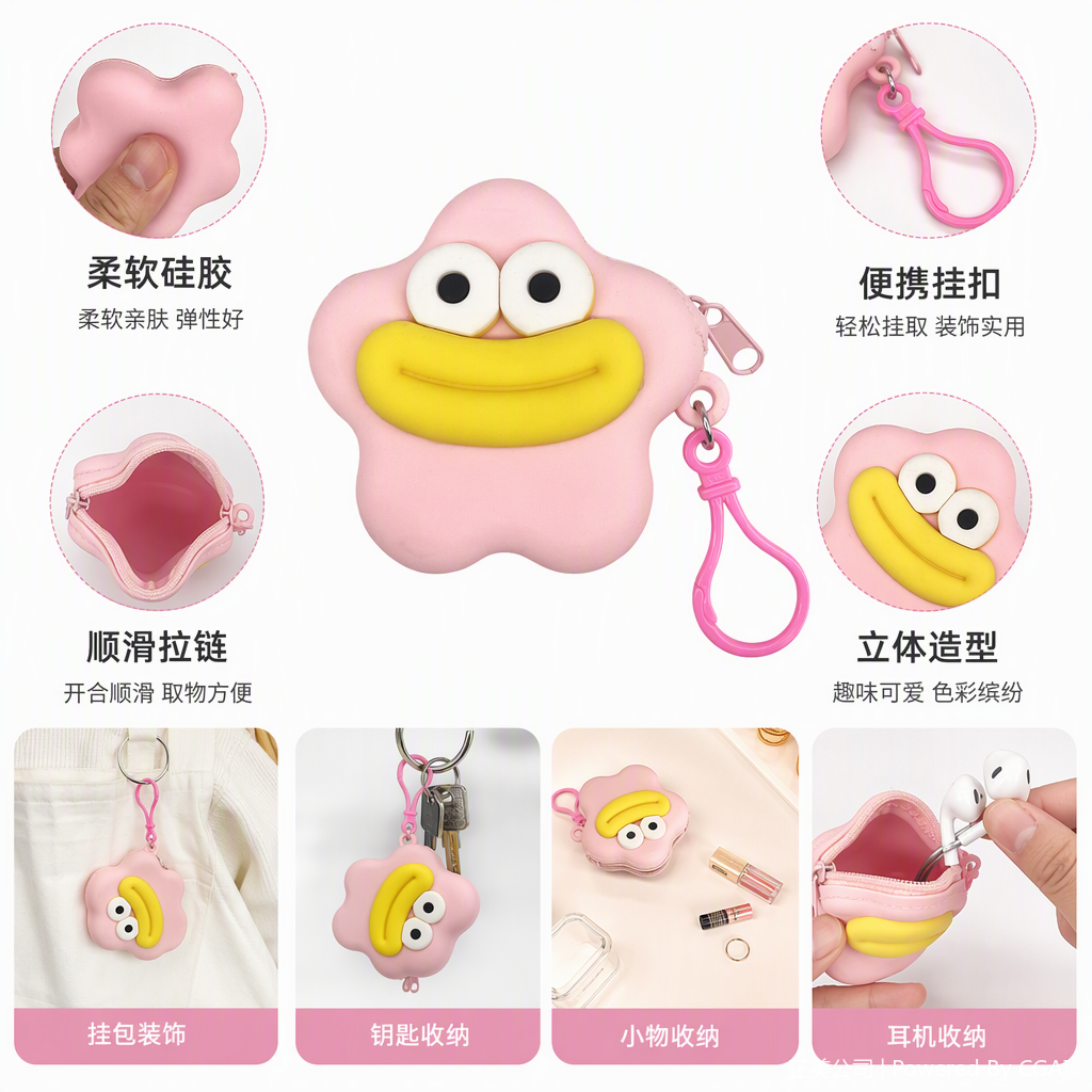 Colorful Card Tong Star-shaped silicone coin Purse, six creative, cute and portable coin bags, student card cases, children's gifts full image