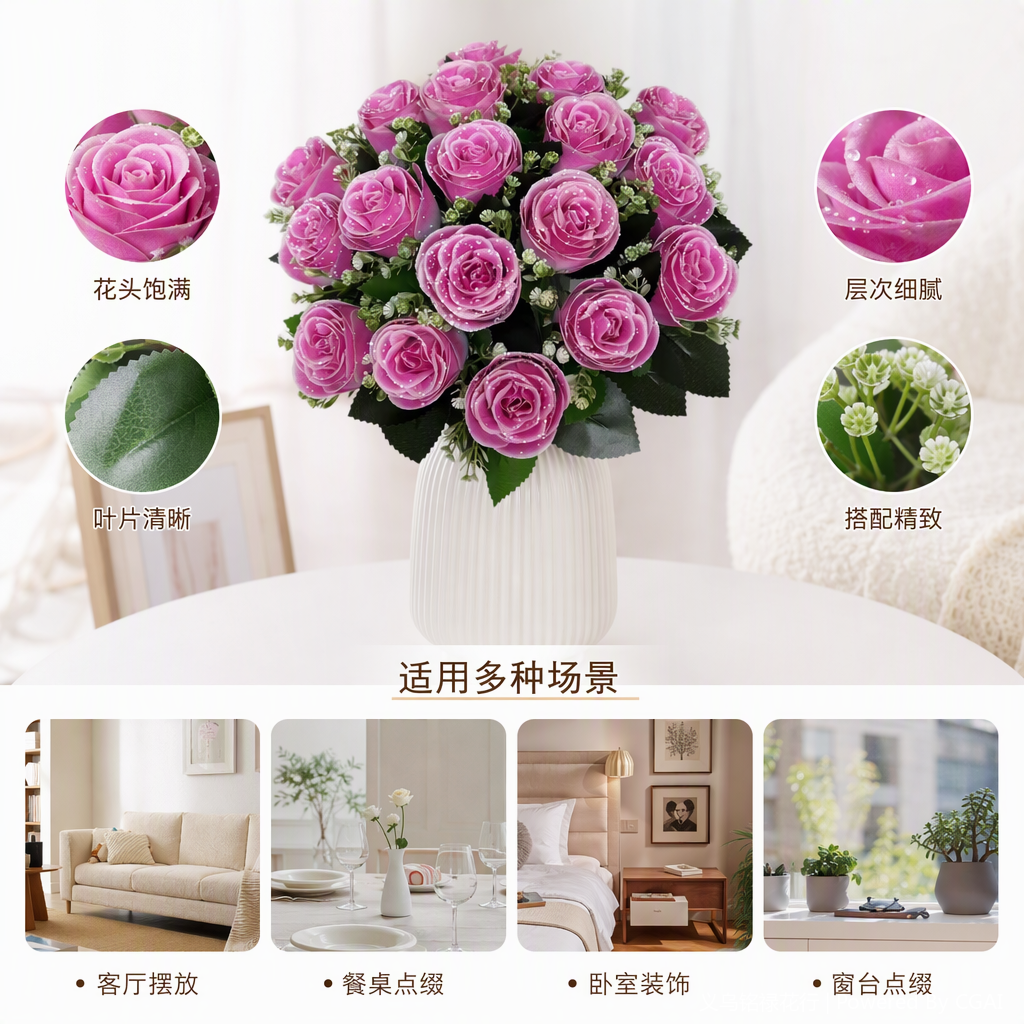 Púrpura brillo rosa bouquet de rosas caja de regalo romántico set de flores rosa regalo de cumpleaños para novia san valentín arreglo floral decorativo