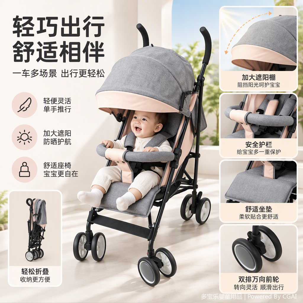 Multi-functional baby stroller, lightweight folding baby stroller, detachable and washable seat, infant stroller products