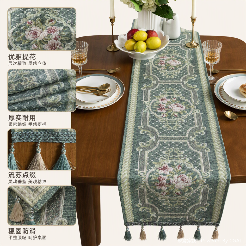 Direct sales from the table flag manufacturer: Green embroidered floral pattern table flags, table fabric, park one-piece chairs, Christmas decoration, tassel tea flag table MATS