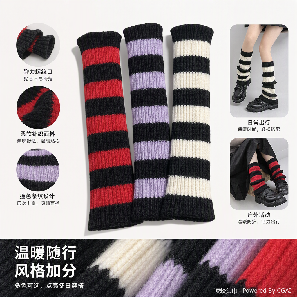 Fashionable striped knitted leg guards for warmth and sports. Long, thickened, trendy and versatile style for women in autumn and winter