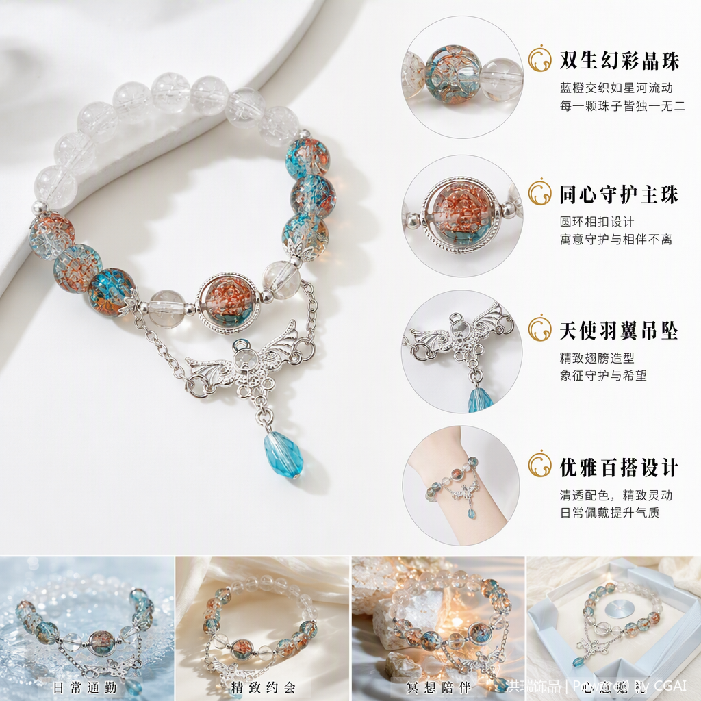 Colorful glass bead silver jewelry angel pendant bracelet, fashionable and versatile ladies' bracelet, trendy accessory gift