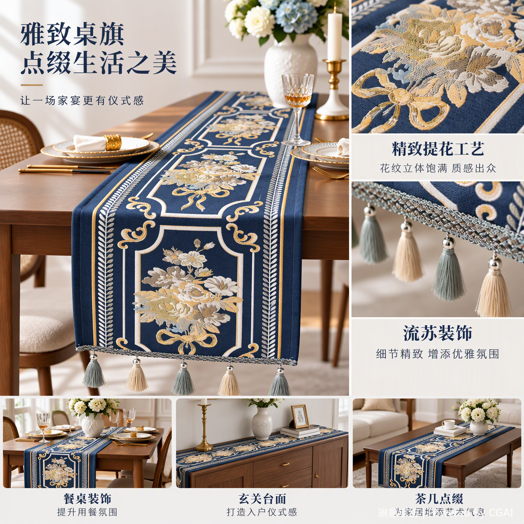 Direct sales from the table flag manufacturer: Deep blue gold thread embroidered floral pattern table flag, table fabric tea flag, Christmas tassel decoration, park chair, 113405022