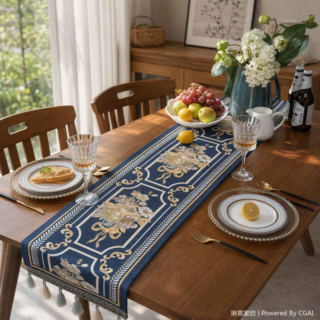 Direct sales from the table flag manufacturer: Deep blue gold thread embroidered floral pattern table flag, table fabric tea flag, Christmas tassel decoration, park chair, 113405022 details Picture
