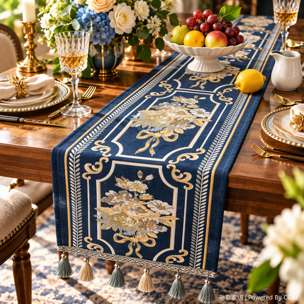 Direct sales from the table flag manufacturer: Deep blue gold thread embroidered floral pattern table flag, table fabric tea flag, Christmas tassel decoration, park chair, 113405022 Specification image