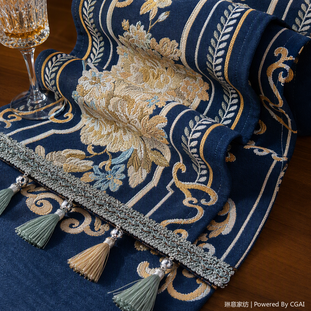Direct sales from the table flag manufacturer: Deep blue gold thread embroidered floral pattern table flag, table fabric tea flag, Christmas tassel decoration, park chair, 113405022 Application Scenario