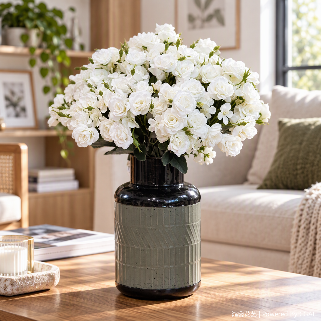 A romantic flower arrangement with a white rose bouquet paired with a dark green-textured glass vase decorates the home decor details Picture