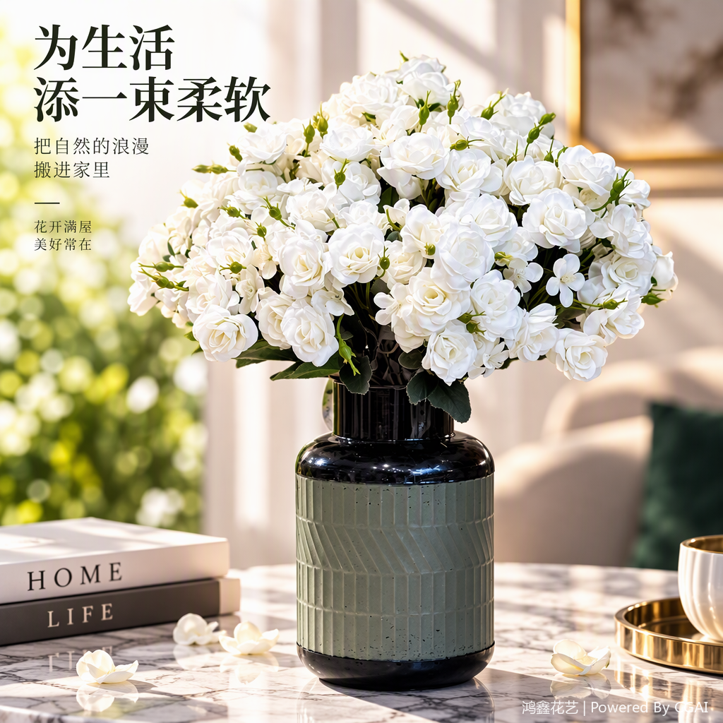 A romantic flower arrangement with a white rose bouquet paired with a dark green-textured glass vase decorates the home decor Specification image