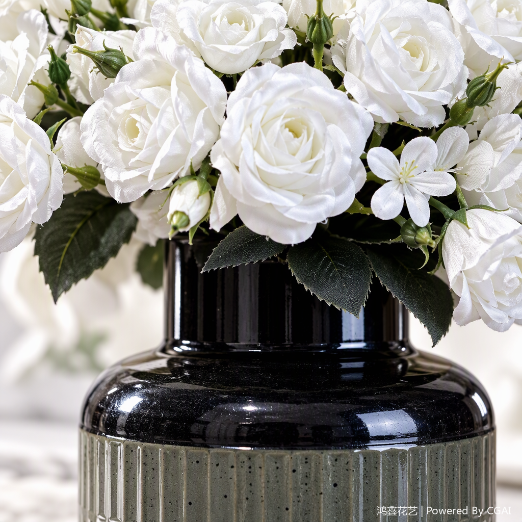 A romantic flower arrangement with a white rose bouquet paired with a dark green-textured glass vase decorates the home decor Application Scenario