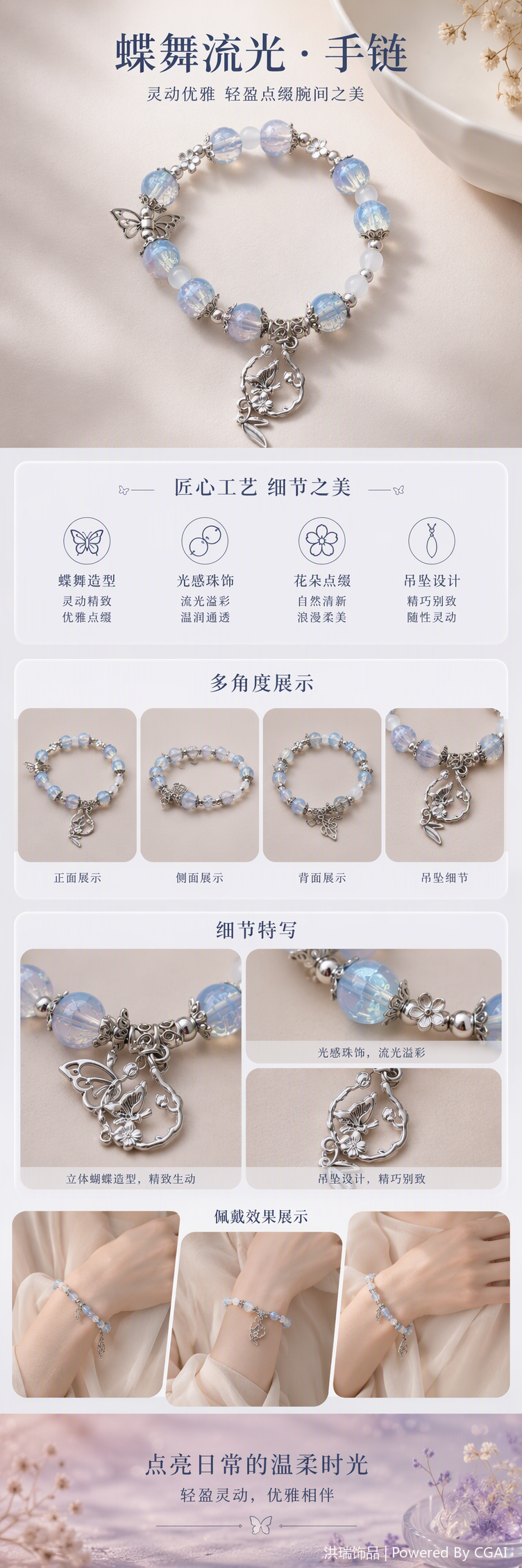 A simple and trendy Korean-style jewelry gift featuring a fashionable blue beaded bracelet paired with a silver butterfly pendant pic 1