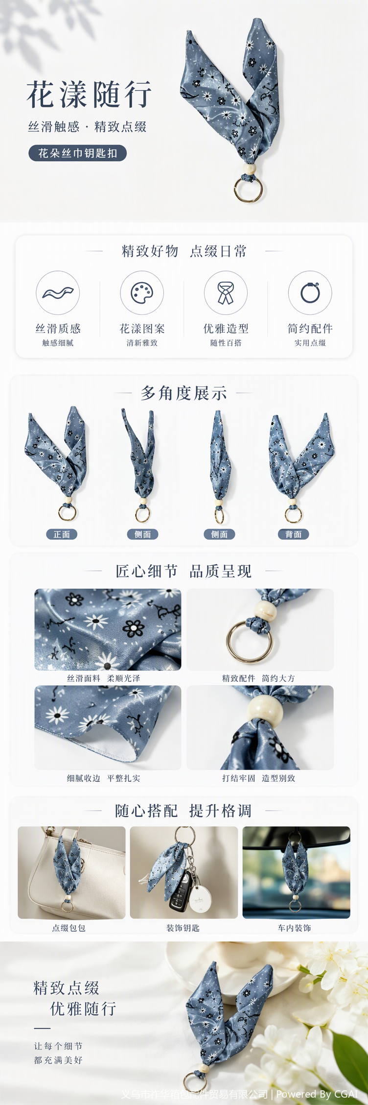 优雅蓝色花卉图案丝巾挂饰时尚百搭女配饰潮流新品详情1
