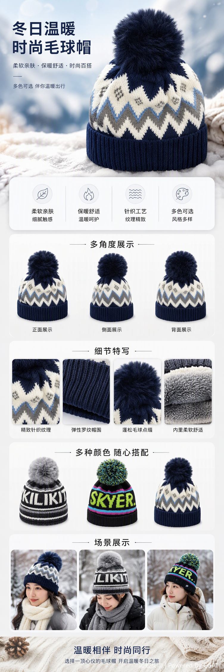 This fashionable geometric patterned knitted hat is decorated with plush balls, making it warm and versatile. It is suitable for both men and women in winter pic 1