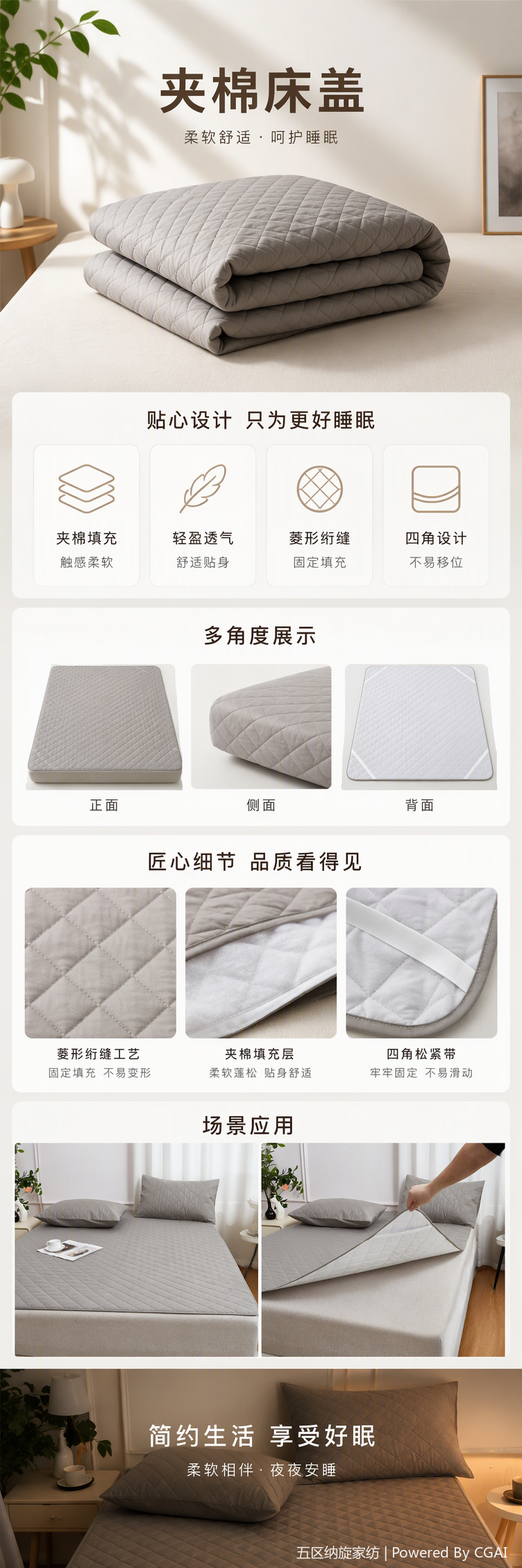 Grey quilted thick bed cover, mattress protection cover, anti-slip and durable bedding, bedspread, bed sheet, mattress cover pic 5