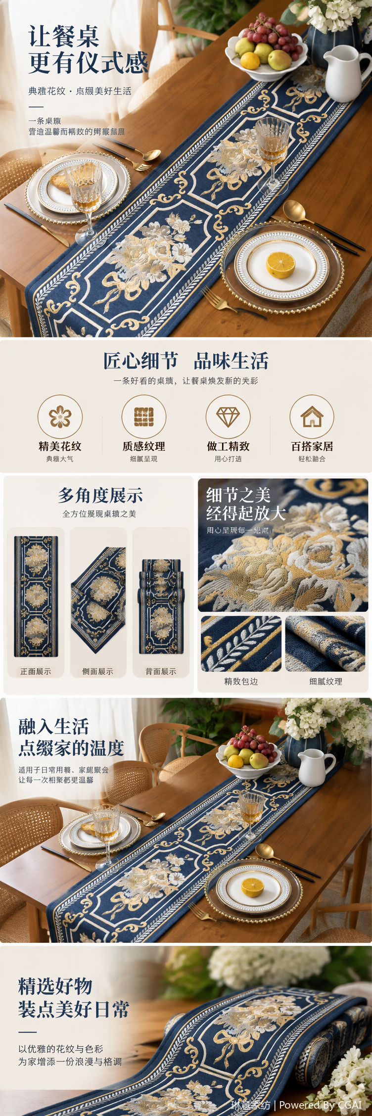 Direct sales from the table flag manufacturer: Deep blue gold thread embroidered floral pattern table flag, table fabric tea flag, Christmas tassel decoration, park chair, 113405022 pic 1
