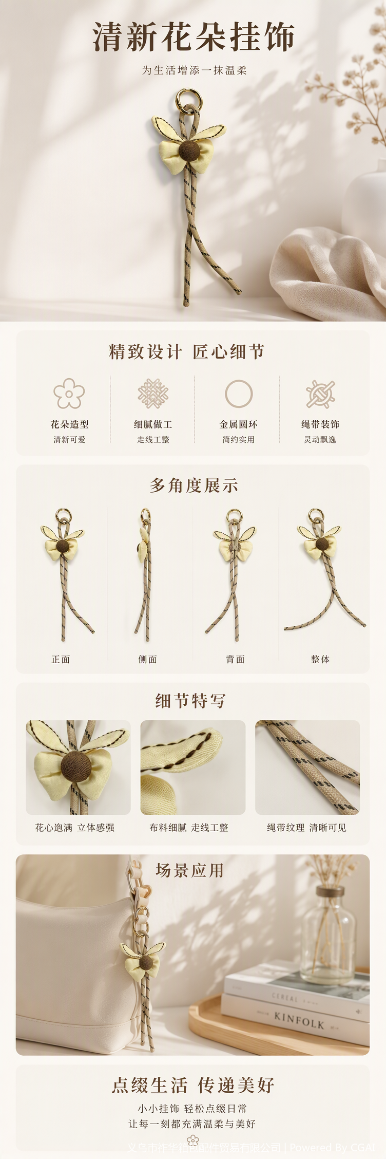 米色布艺花朵造型钥匙扣 时尚简约百搭车钥匙挂件礼品装饰详情1