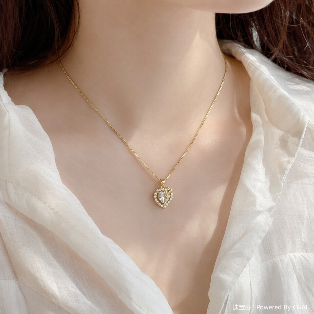 Fashionable golden chain heart-shaped pendant necklace, simple and versatile women's accessory gift details Picture