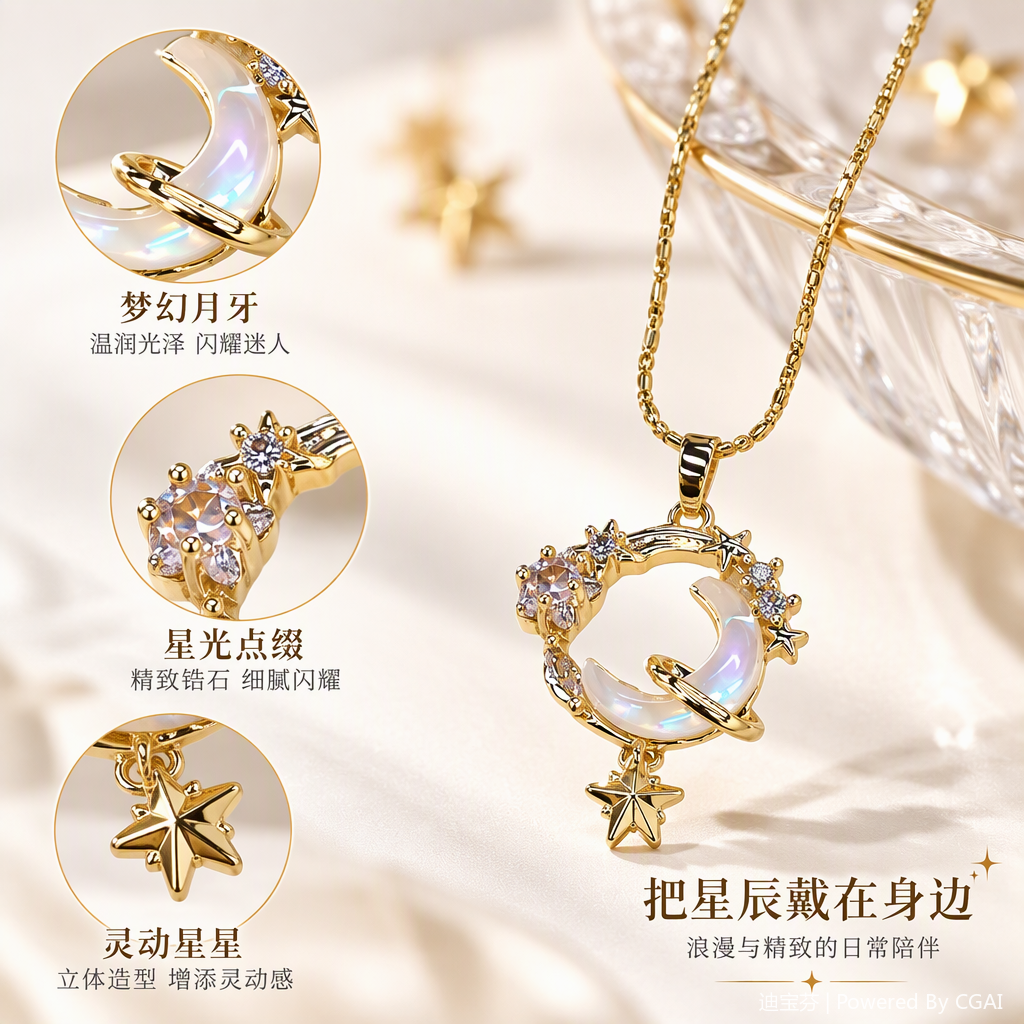 A simple and fashionable women's accessory gift with a golden chain moon and star-shaped pendant necklace A simple and fashionable women's accessory gift with a golden chain moon and star-shaped pendant necklace