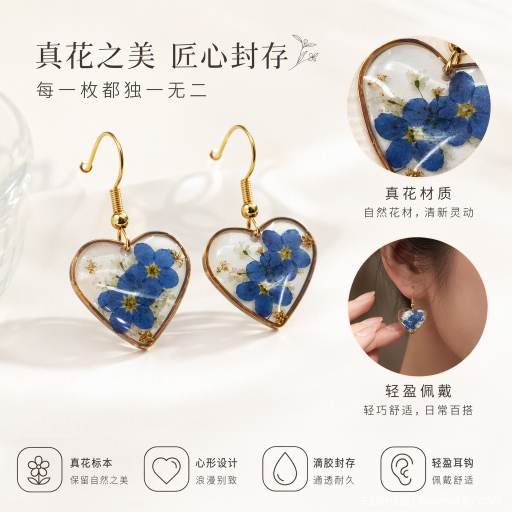 心形树脂嵌蓝色花朵耳饰简约时尚女士耳环潮流百搭耳坠耳饰品