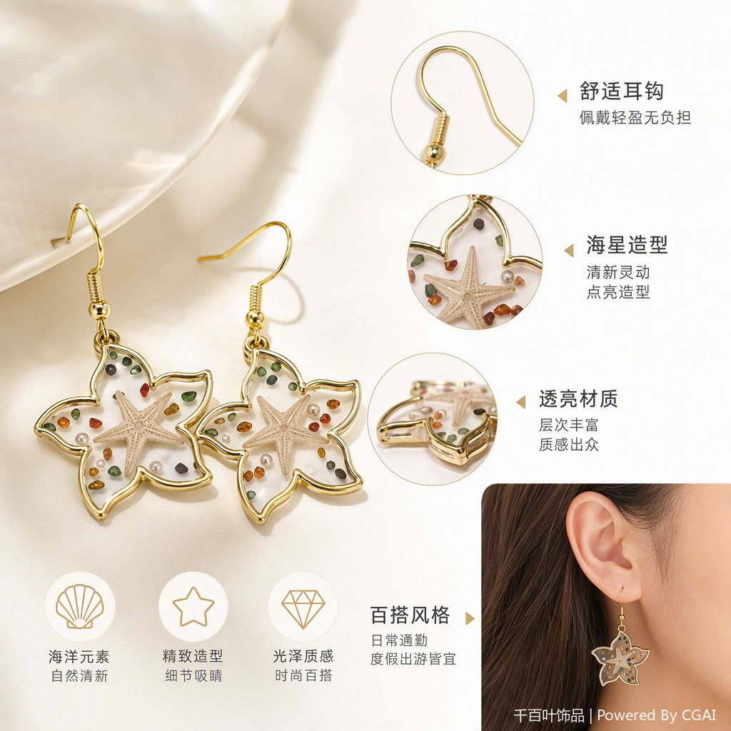金色边框五角星形树脂耳饰简约时尚个性百搭耳坠女款潮流耳环