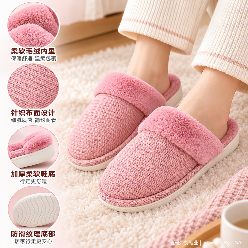 Comfortable home plush slippers for men and women, anti-slip and warm indoor soft-soled casual slippers Item Picture
