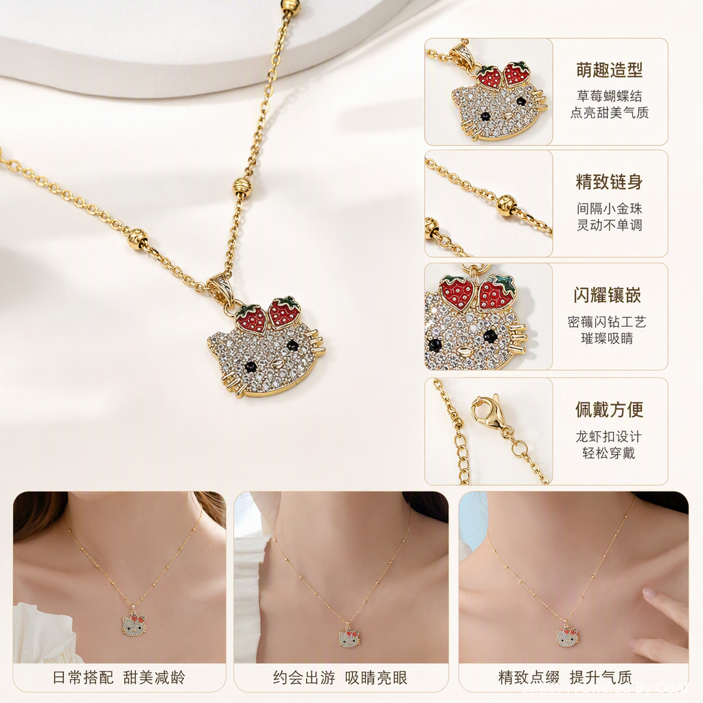 Golden chain diamond-encrusted strawberry Hello Kitty pendant necklace, fashionable, sweet and versatile gift jewelry Golden chain diamond-encrusted strawberry Hello Kitty pendant necklace, fashionable, sweet and versatile gift jewelry