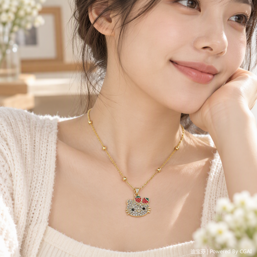 Golden chain diamond-encrusted strawberry Hello Kitty pendant necklace, fashionable, sweet and versatile gift jewelry details Picture