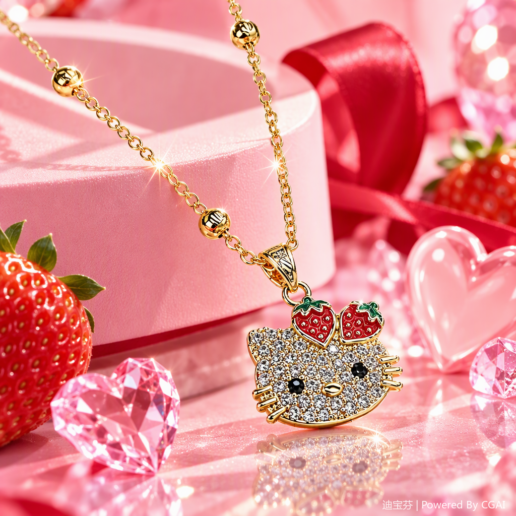Golden chain diamond-encrusted strawberry Hello Kitty pendant necklace, fashionable, sweet and versatile gift jewelry Specification image