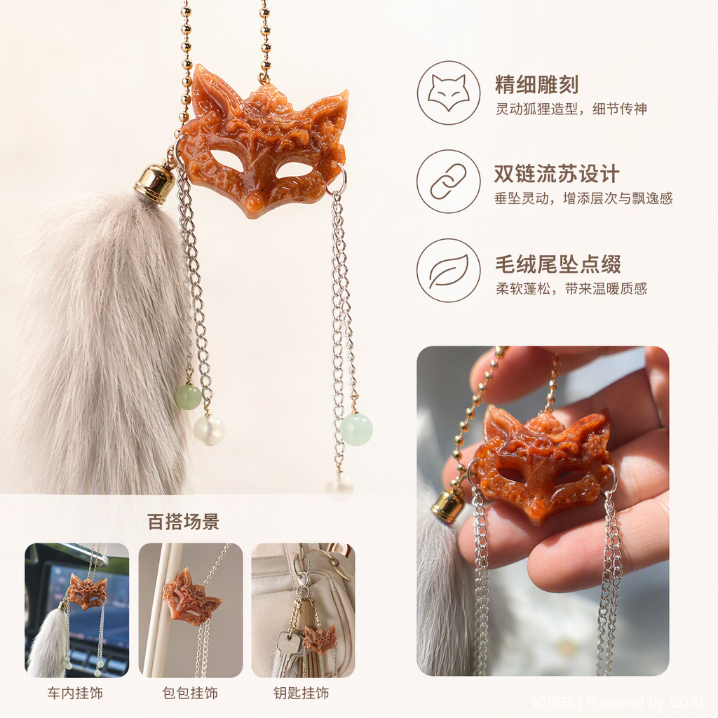 时尚简约狐狸面具岫玉挂饰包挂手机挂车载挂饰百搭饰品配饰品直播间送礼礼品产品图