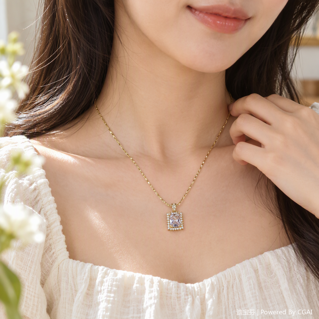 A golden chain square crystal pendant necklace, a fashionable, versatile and simple women's accessory gift details Picture