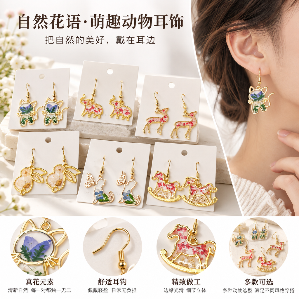 金色边框嵌干花动物造型耳饰优雅时尚气质百搭耳坠耳环饰品
