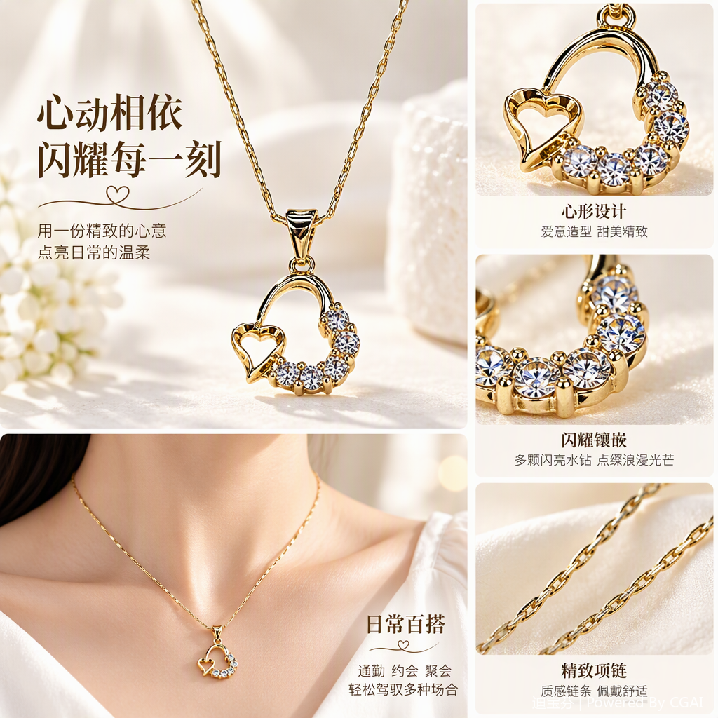 Fashionable golden heart-shaped diamond-encrusted pendant necklace for women, simple and versatile Korean style, as a gift jewelry accessory Fashionable golden heart-shaped diamond-encrusted pendant necklace for women, simple and versatile Korean style, as a gift jewelry accessory