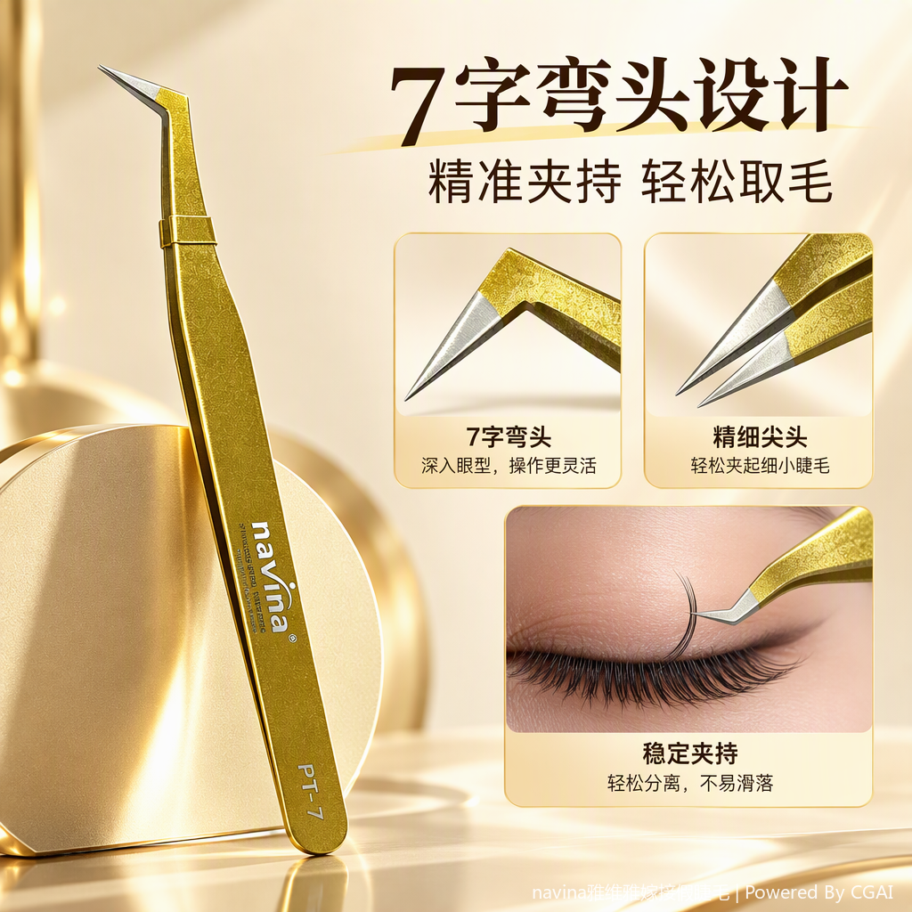 Navina PT-7 Golden Eyelash Tweezers - A professional eyelash trimming tool with precise details full image