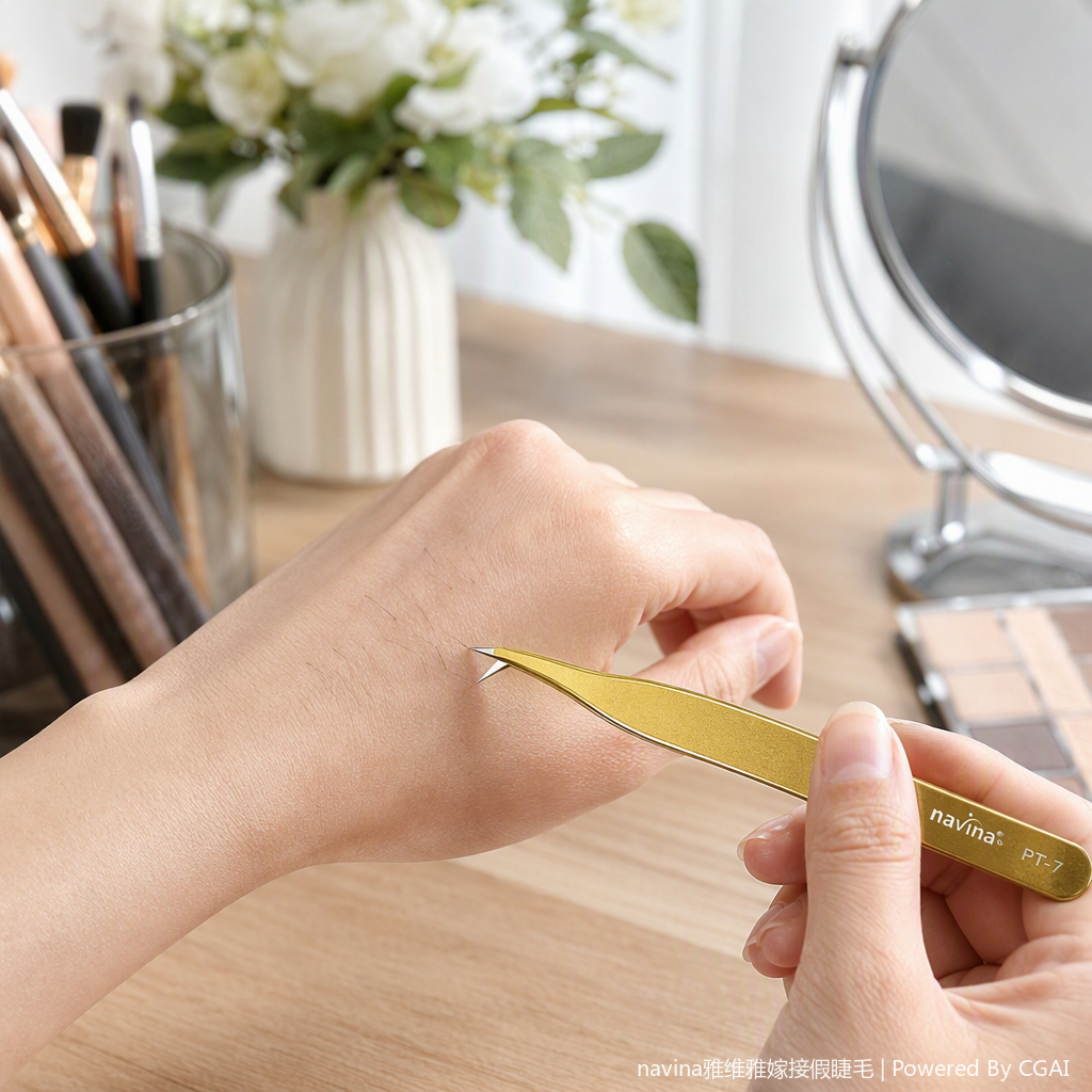 Navina PT-7 Golden Eyelash Tweezers - A professional eyelash trimming tool with precise details details Picture