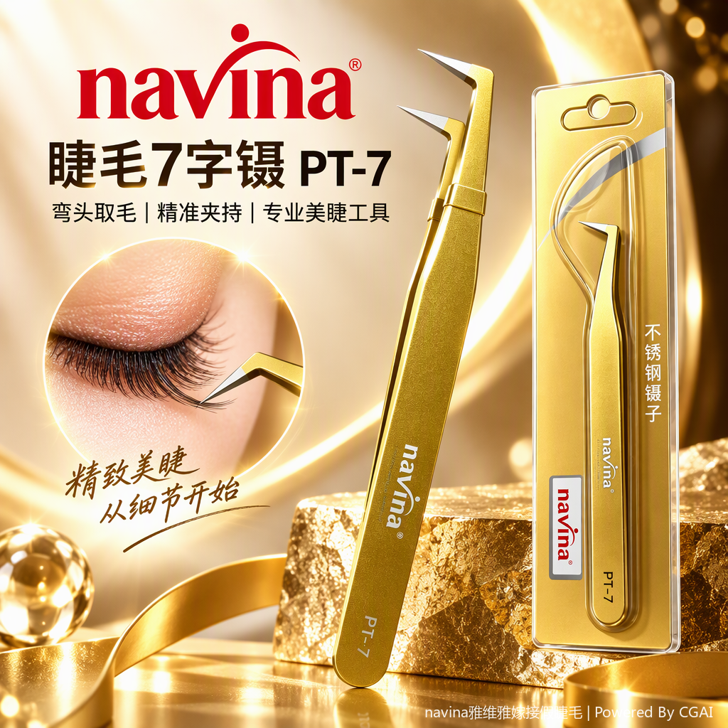 Navina PT-7 Golden Eyelash Tweezers - A professional eyelash trimming tool with precise details Specification image