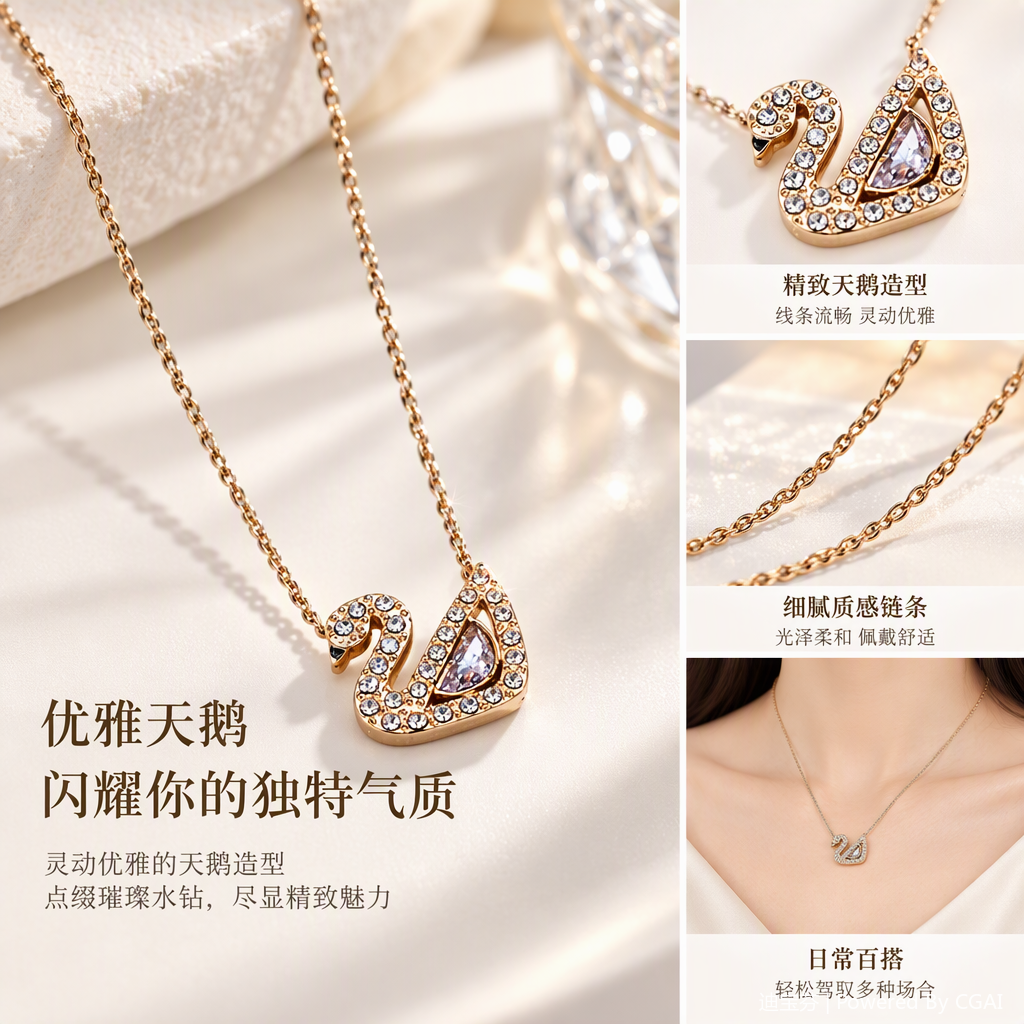 Fashionable rose gold diamond-encrusted swan-shaped pendant necklace, elegant and versatile women's accessory gift Fashionable rose gold diamond-encrusted swan-shaped pendant necklace, elegant and versatile women's accessory gift
