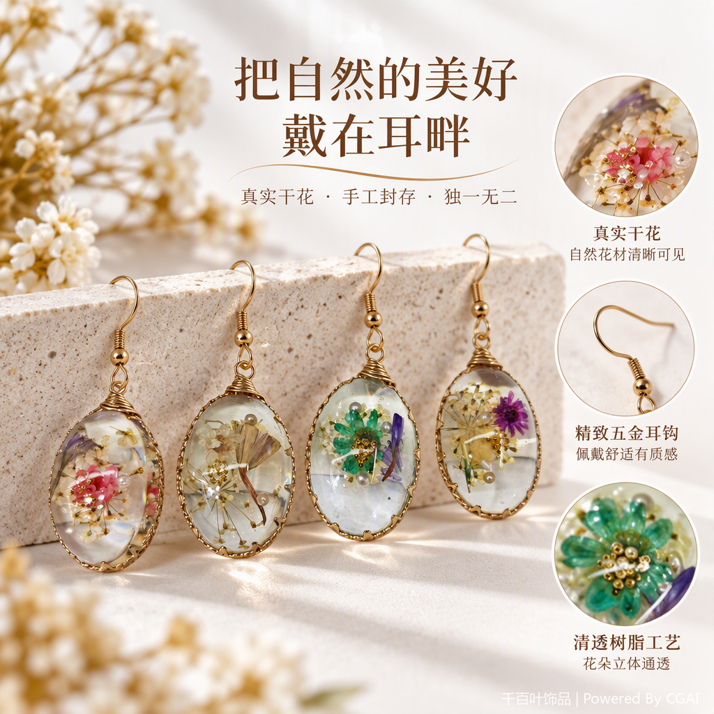 四对椭圆树脂干花耳环复古优雅气质简约时尚女款配饰礼物