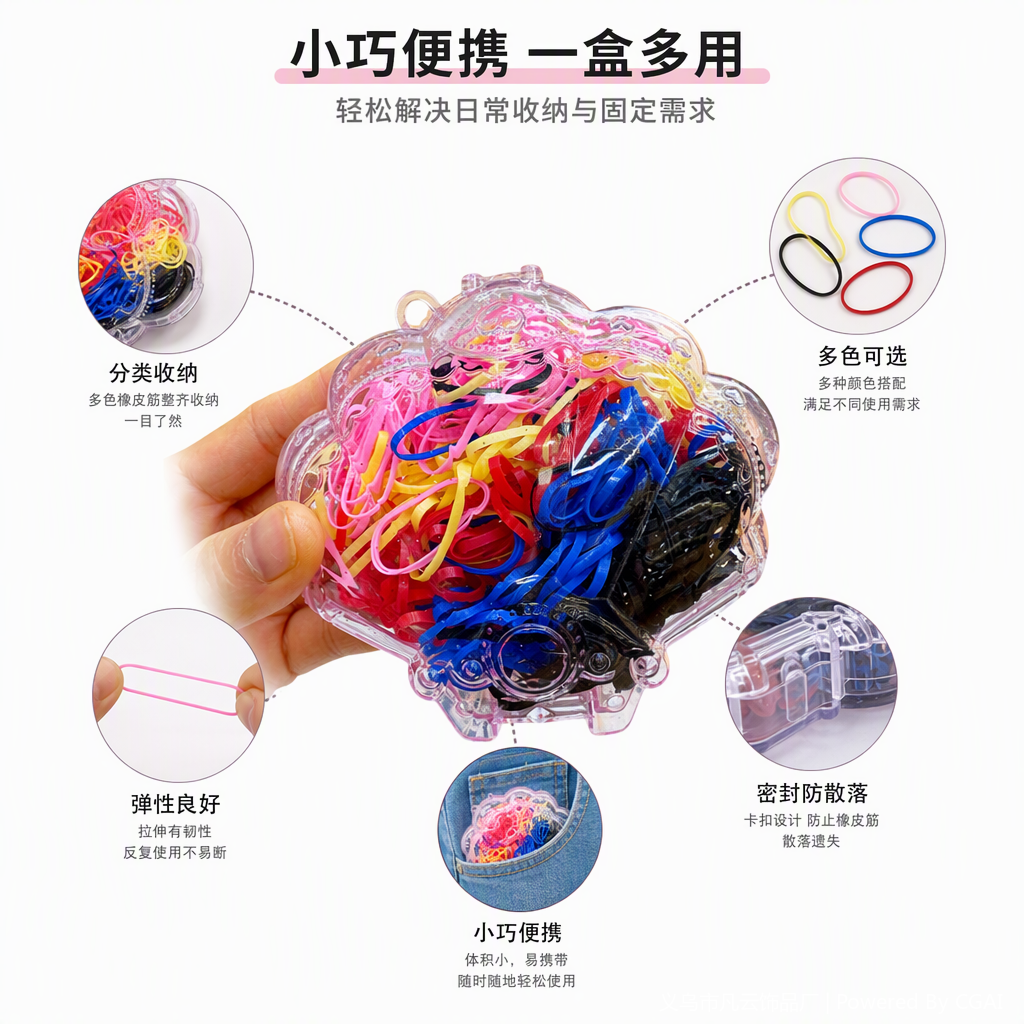 彩色橡皮筋套装透明云朵形塑料收纳盒儿童手工用品整理盒多色弹性绑带